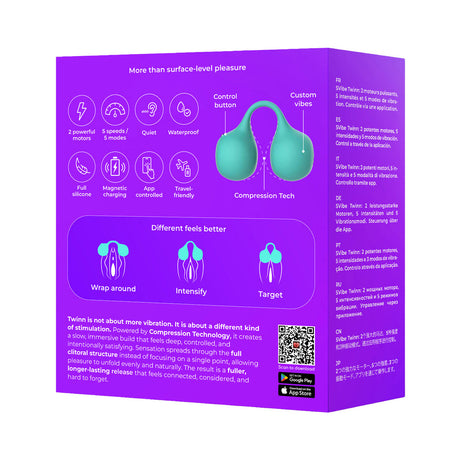 Svibe Snail Twinn Finger App Vibrator Tiffany packaging displaying features and Compression Technology.