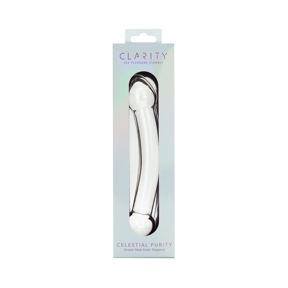 Clarity Celestial Purity Glass Dildo in elegant packaging showcasing its premium design and artistry.