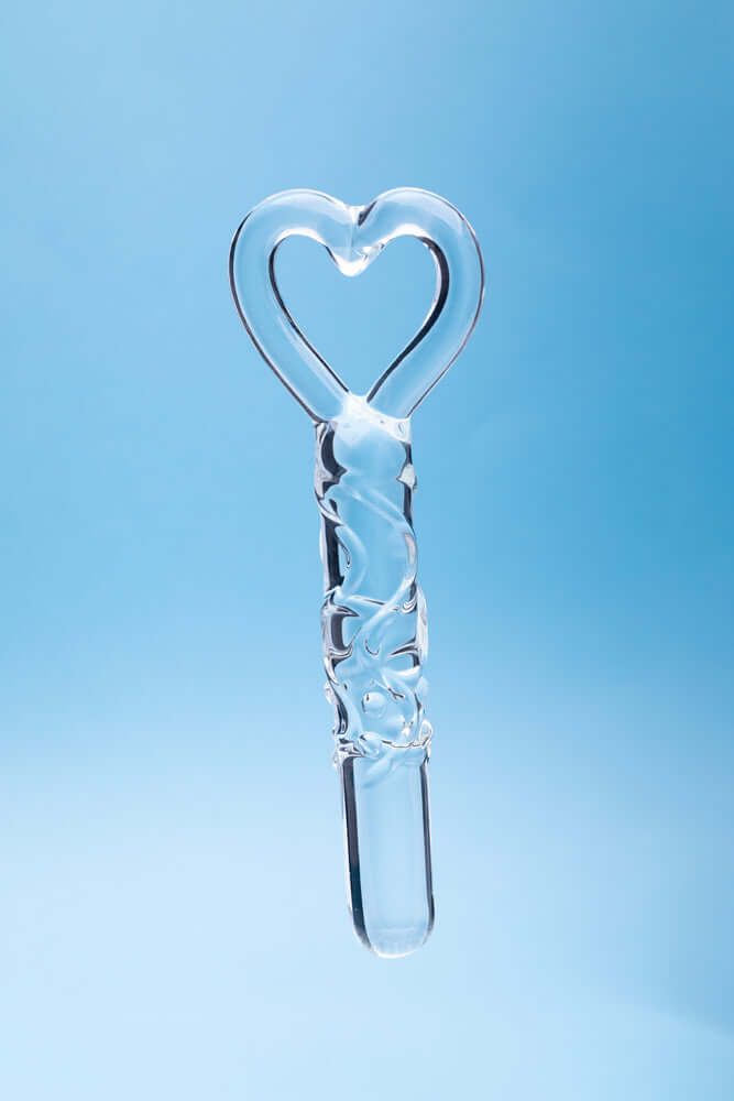 Clarity Heras Caress Glass Dildo featuring a heart-shaped design and premium borosilicate glass craftsmanship.