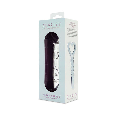 Clarity Heras Caress Glass Dildo packaging showcasing elegant design and premium borosilicate glass.