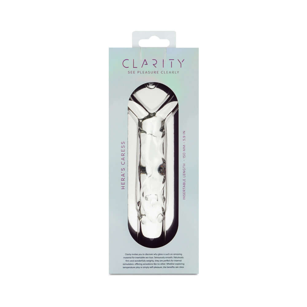 Clarity Heras Caress Glass Dildo packaging showcasing the elegant design and premium quality of this 5.9-inch glass dildo.