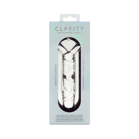 Clarity Heras Caress Glass Dildo packaging showcasing the elegant design and premium quality of this 5.9-inch glass dildo.