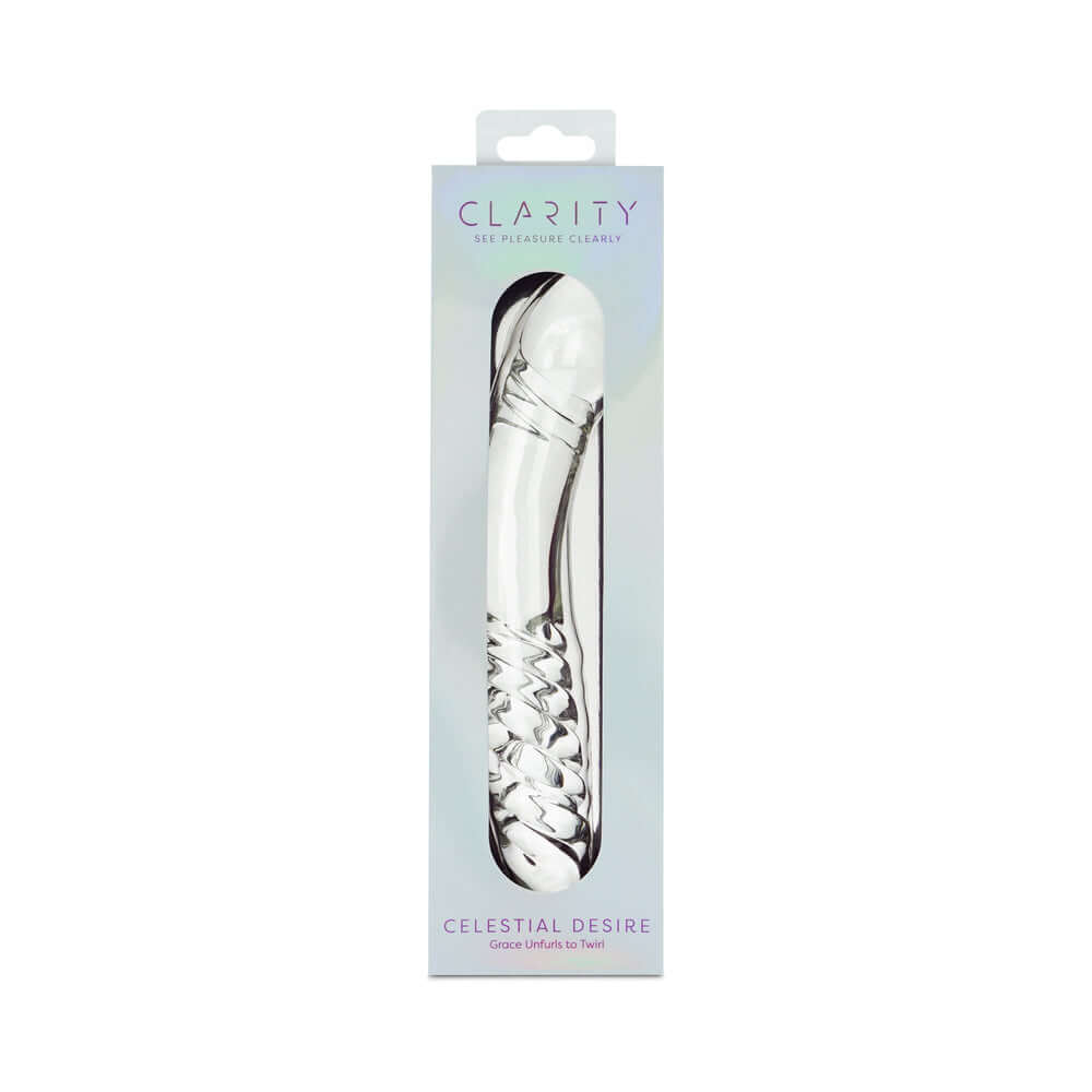 Clarity Celestial Desire Glass Dildo packaged and ready for luxurious pleasure and elegant use.