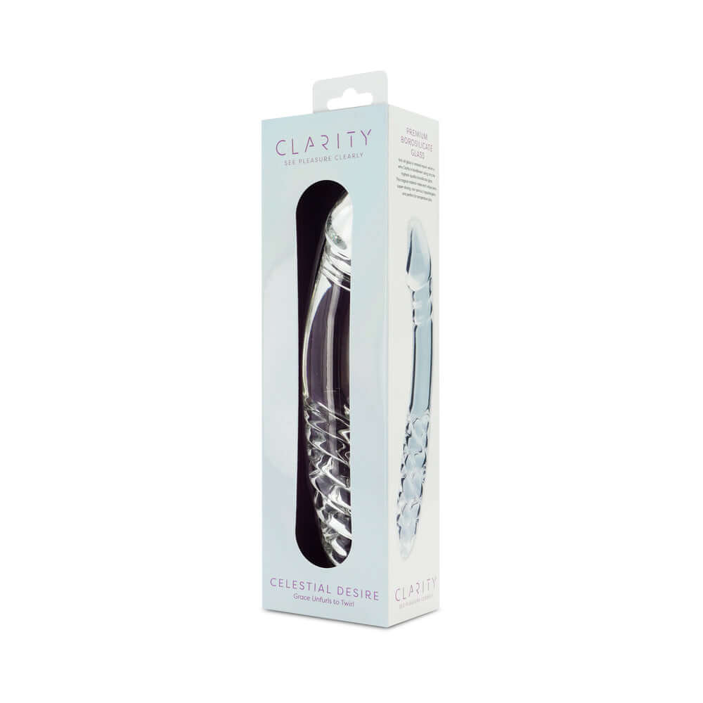 Packaging of the Clarity Celestial Desire Glass Dildo, showcasing its elegant design and craftsmanship.