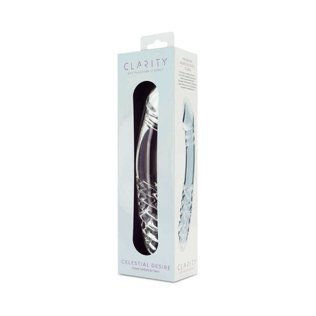 Packaging of the Clarity Celestial Desire Glass Dildo, showcasing its elegant design and craftsmanship.