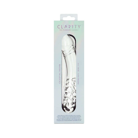 Clarity Celestial Desire Glass Dildo packaging with elegant design and smooth borosilicate glass for luxurious pleasure.