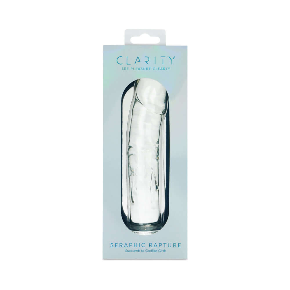 Clarity Seraphic Rapture Glass Dildo packaging showcasing its elegant design and premium quality.