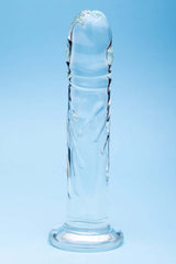 Clarity Seraphic Rapture Glass Dildo showcasing elegant design and smooth surface on a blue background.
