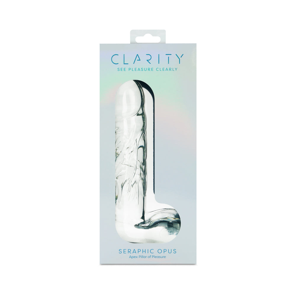 Clarity Seraphic Opus Glass Dildo packaging showcasing its elegant design and craftsmanship.