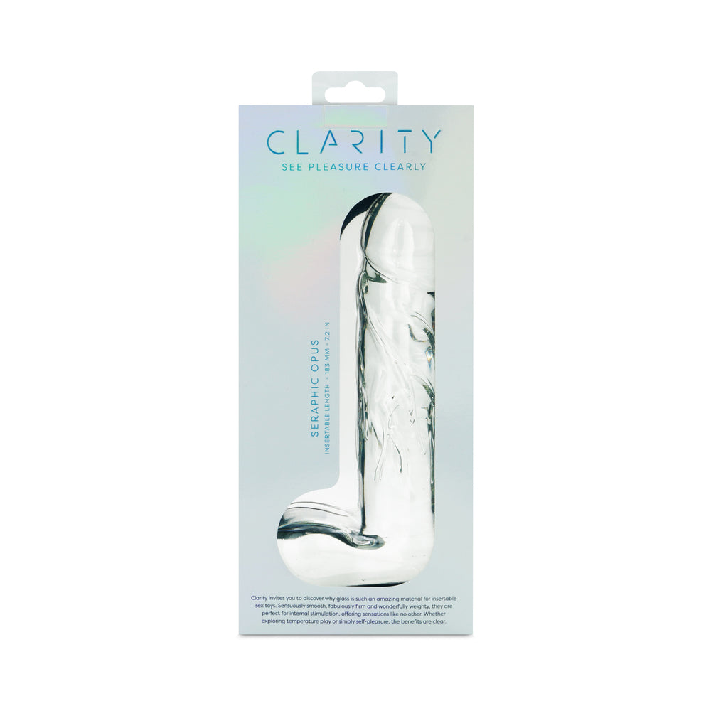Clarity Seraphic Opus Glass Dildo packaging showcasing elegant design and craftsmanship.