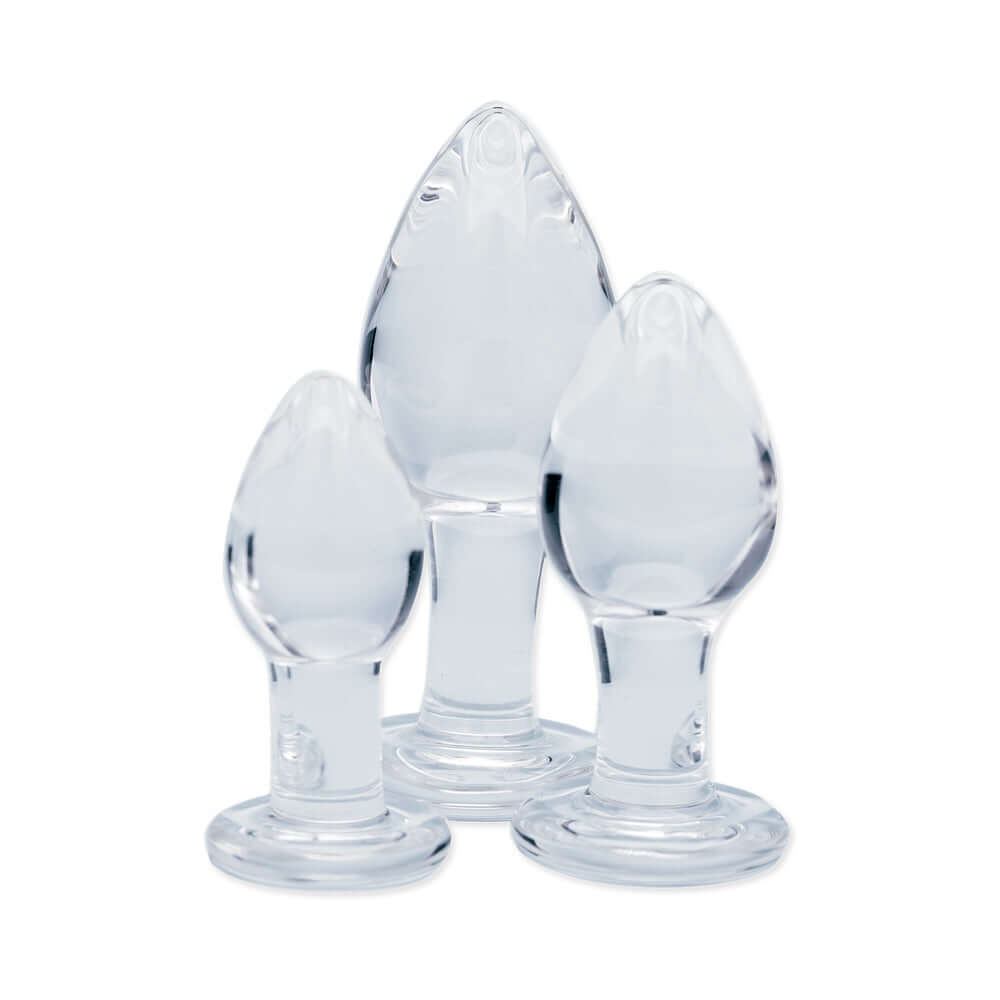 Clarity Utopian Trinity Glass Plug Set - three-piece glass butt plug set for all levels of play.