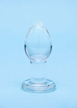 Clarity Utopian Trinity Glass Plug Set - a premium borosilicate glass butt plug on a blue background.