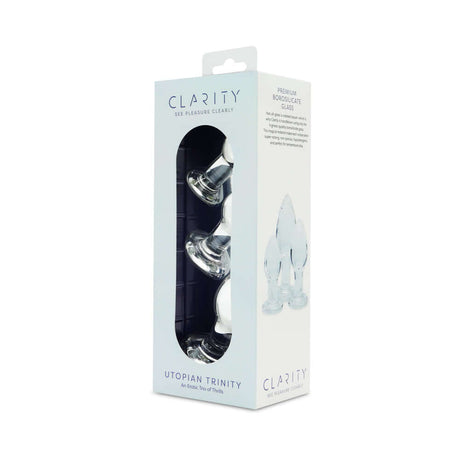 Clarity Utopian Trinity Glass Plug Set packaging showcasing three glass plugs in a stylish box.