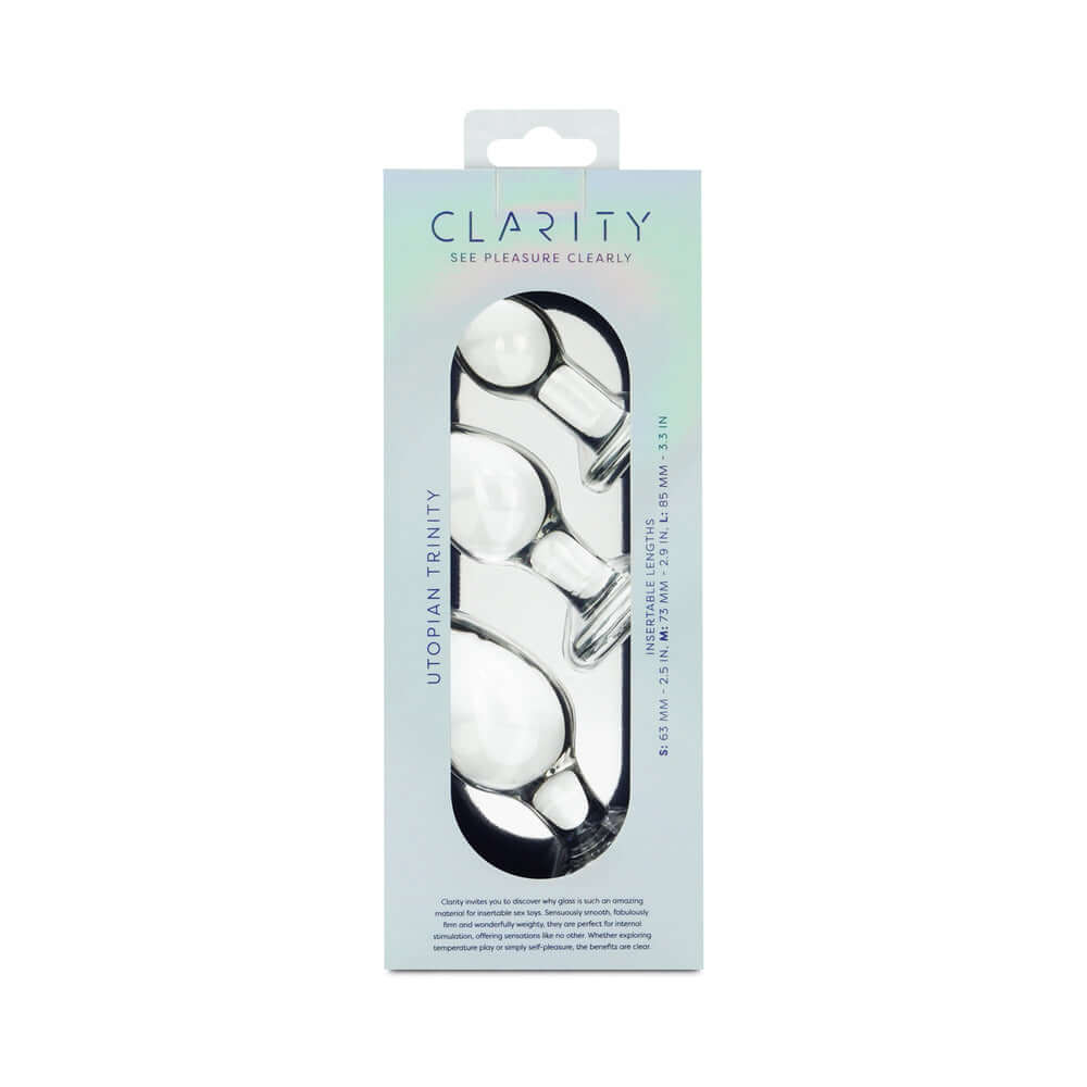 Clarity Utopian Trinity Glass Plug Set packaging showcasing three handcrafted glass butt plugs.