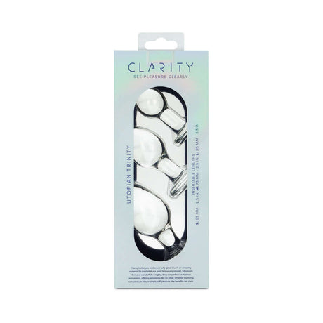 Clarity Utopian Trinity Glass Plug Set packaging showcasing three handcrafted glass butt plugs.
