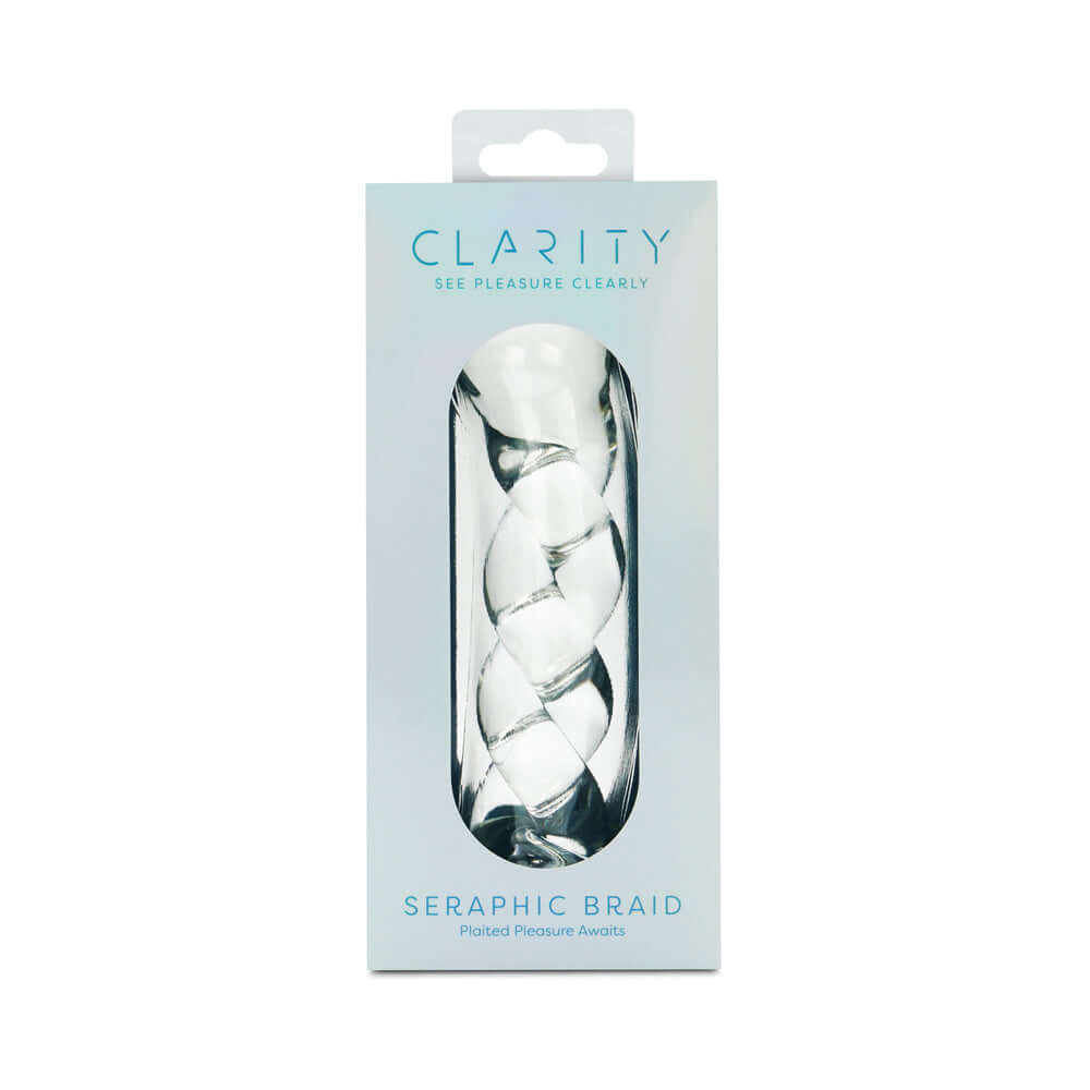 Clarity Seraphic Braid Glass Dildo packaging showcasing its elegant design and unique spiral structure.
