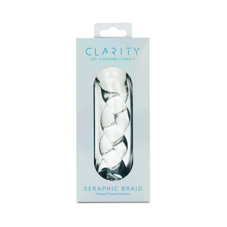 Clarity Seraphic Braid Glass Dildo packaging showcasing its elegant design and unique spiral structure.
