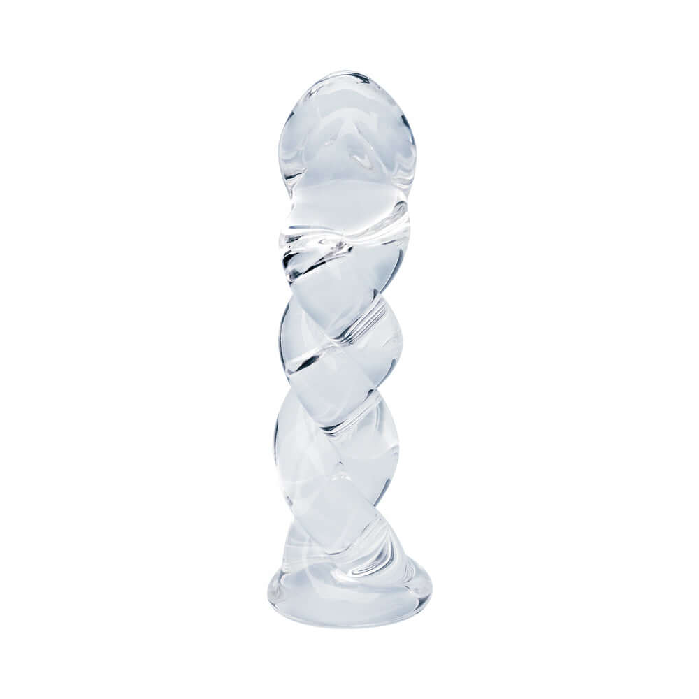 Clarity Seraphic Braid Glass Dildo showcasing a handblown design with a unique spiral structure for textured pleasure.