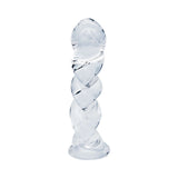 Clarity Seraphic Braid Glass Dildo showcasing a handblown design with a unique spiral structure for textured pleasure.
