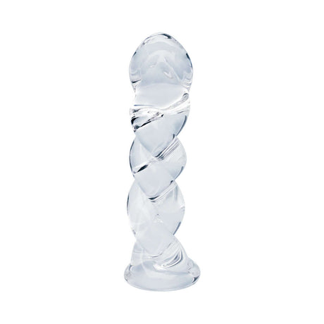 Clarity Seraphic Braid Glass Dildo showcasing a handblown design with a unique spiral structure for textured pleasure.