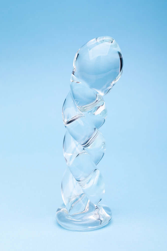 Clarity Seraphic Braid Glass Dildo showcasing its unique spiral design and elegant glass craftsmanship.