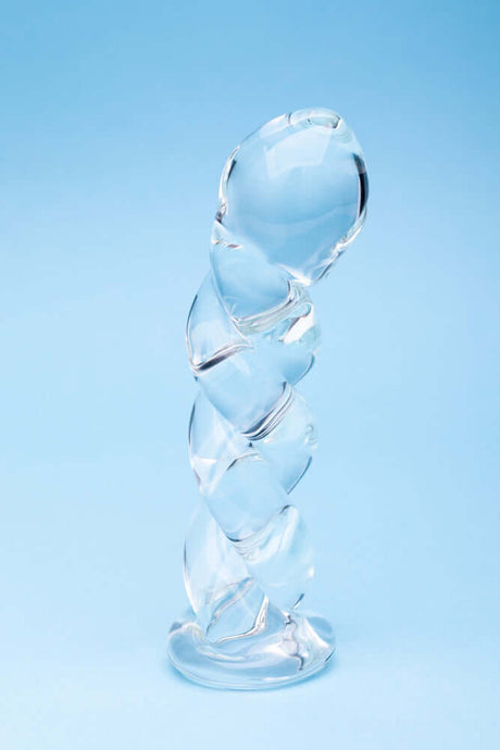 Clarity Seraphic Braid Glass Dildo showcasing its unique spiral design and elegant glass craftsmanship.
