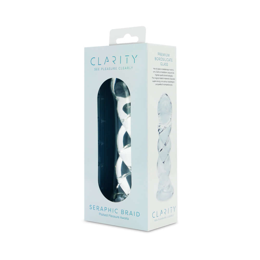 Clarity Seraphic Braid Glass Dildo packaging featuring a elegant design for premium pleasure.