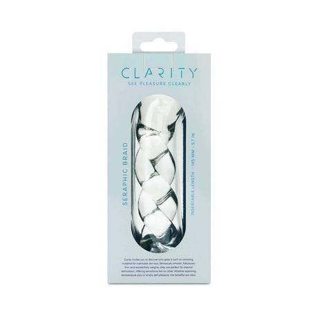Clarity Seraphic Braid Glass Dildo in elegant packaging showcasing its unique spiral design.