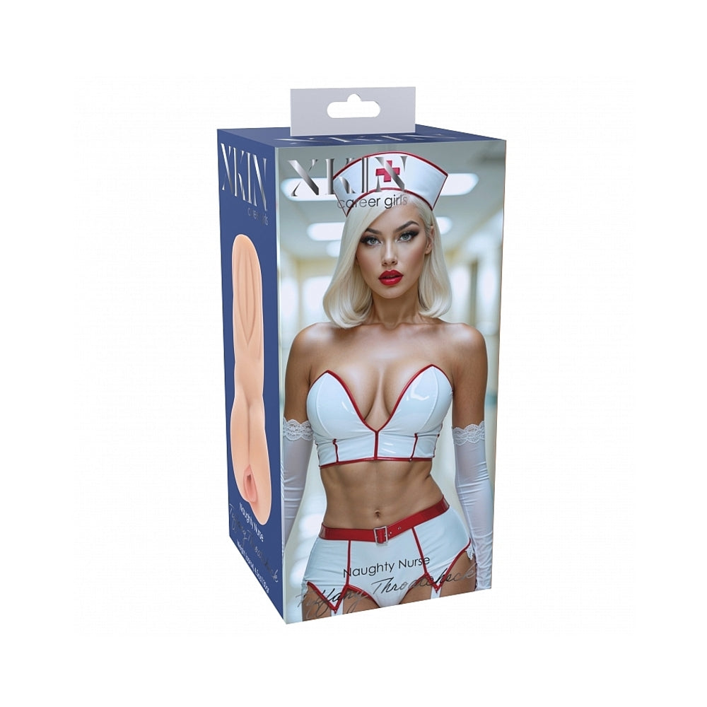 Xkin Career Girls Tiffany Throatcheck Stroker Beige packaging featuring a seductive nurse design.