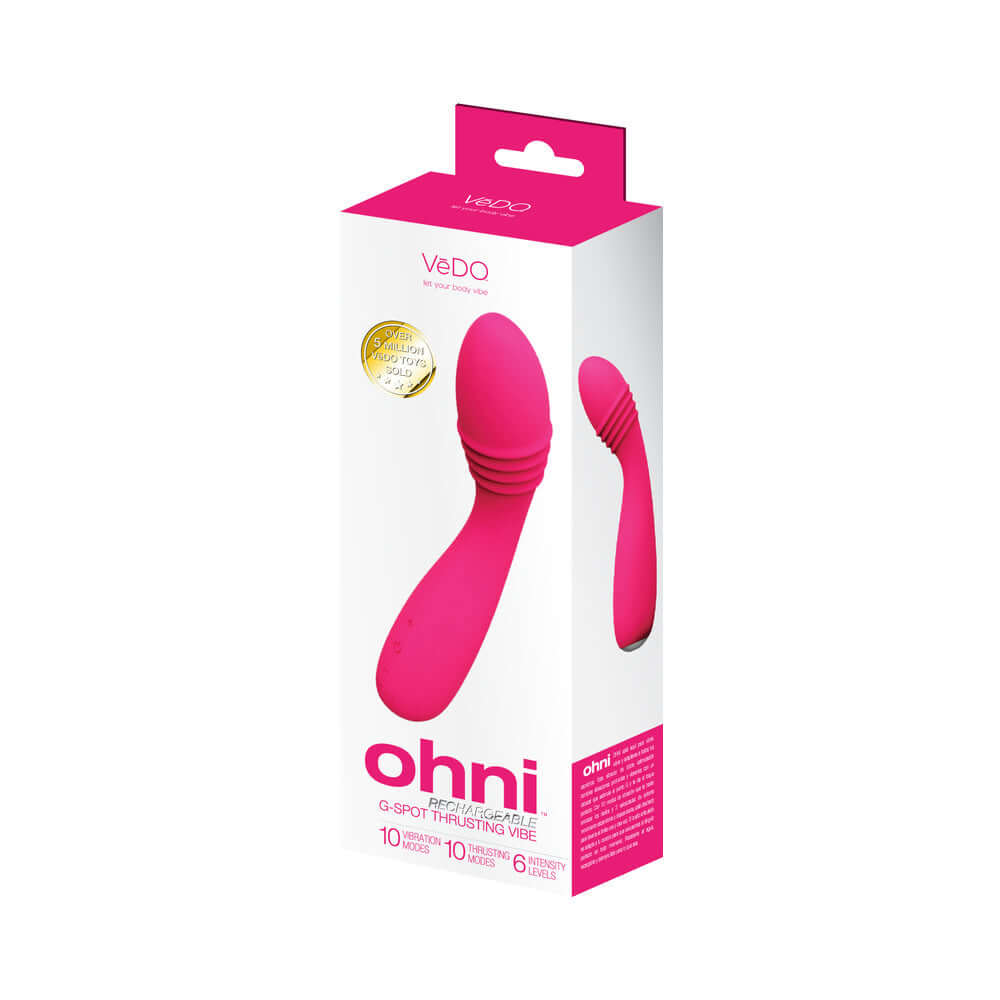 VeDO Ohni Rechargeable G-Spot Thrusting Vibe Pink packaging showcasing its design and features.
