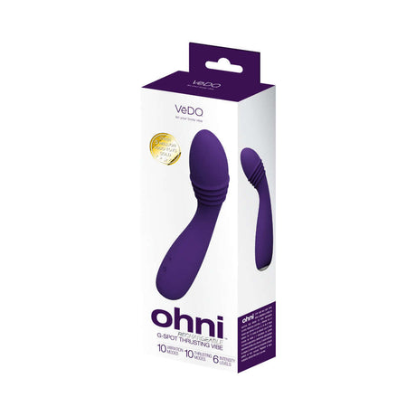 VeDO Ohni Rechargeable G-Spot Thrusting Vibe Purple packaging with product details and branding.