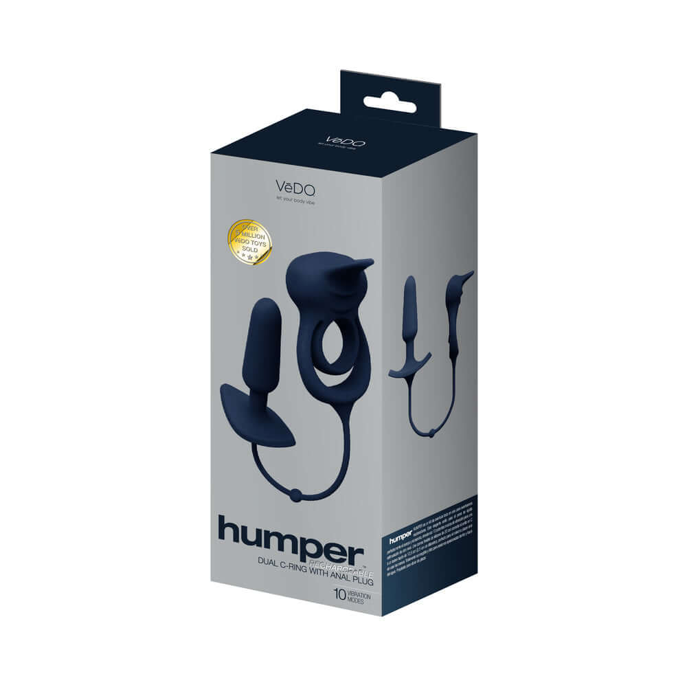 VeDO Humper Rechargeable Dual C-Ring with Anal Plug Black packaging showing product details and design.