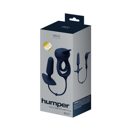 VeDO Humper Rechargeable Dual C-Ring with Anal Plug Black packaging showing product details and design.