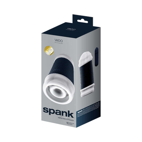 VeDO Spank Rechargeable Vibrating Stroker Clear packaging showing the product and its features.