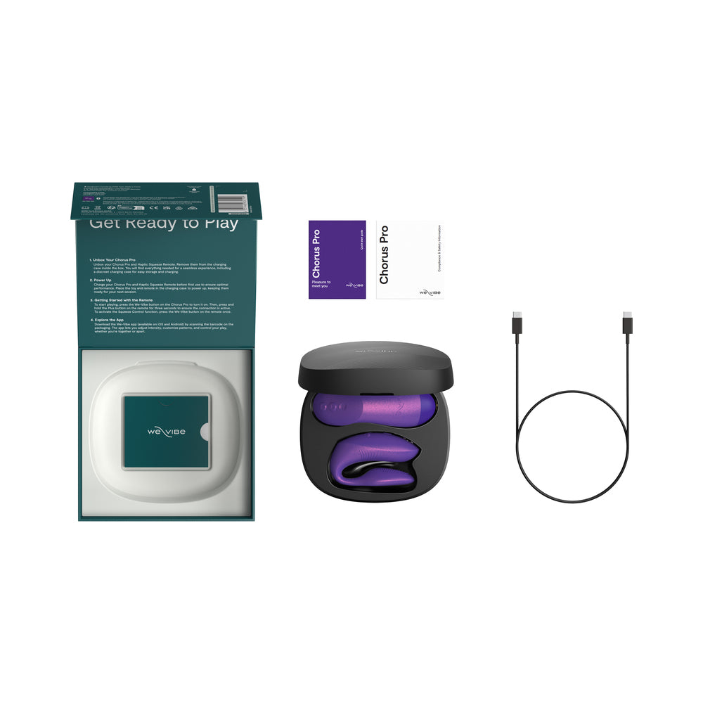 We-Vibe Chorus Pro Cosmic Purple packaging and accessories including charger and instructions.