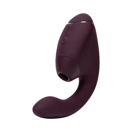 Womanizer Next Duo Massager Dark Purple showcasing dual stimulation design and buttons for customized pleasure.