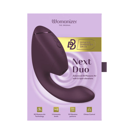 Womanizer Next Duo Massager Dark Purple packaging featuring advanced 3D Pleasure Air technology and G-spot vibrations.