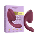Womanizer Next Duo Massager Dusky Pink packaging featuring advanced 3D Pleasure Air technology and G-spot vibrations.