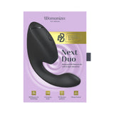 Womanizer Next Duo Massager Black packaging with advanced features, 3D Pleasure Air technology, and G-spot vibrations.