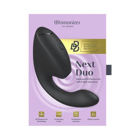 Womanizer Next Duo Massager Black packaging with advanced features, 3D Pleasure Air technology, and G-spot vibrations.