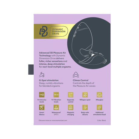 Packaging for Womanizer Next Duo Massager Black highlighting features like 3D Pleasure Air and G-spot stimulation.
