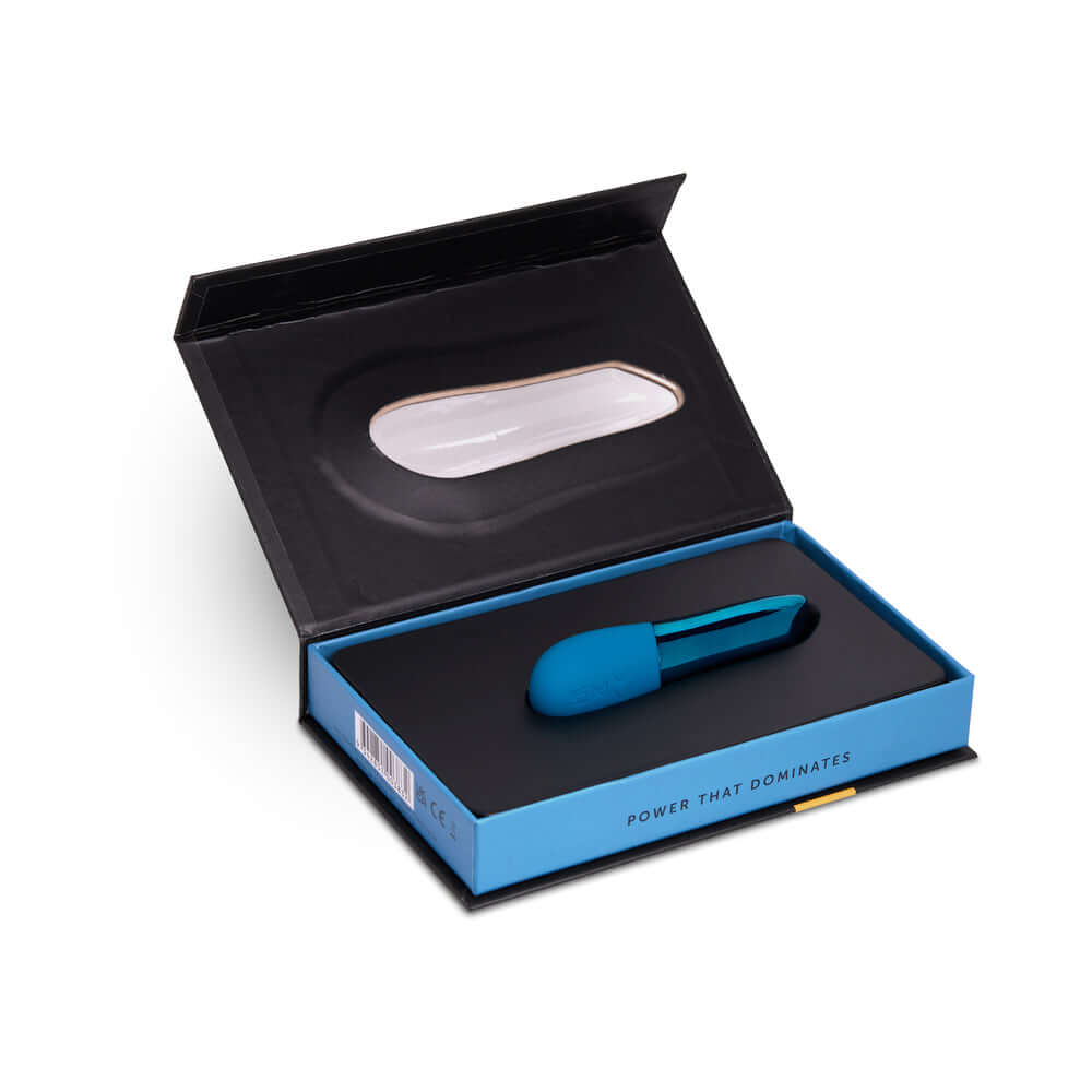 Packaging of the Nu Sensuelle Nikita Bullet with Nitro Motor Deep Turquoise open, showcasing the sleek vibrator inside.