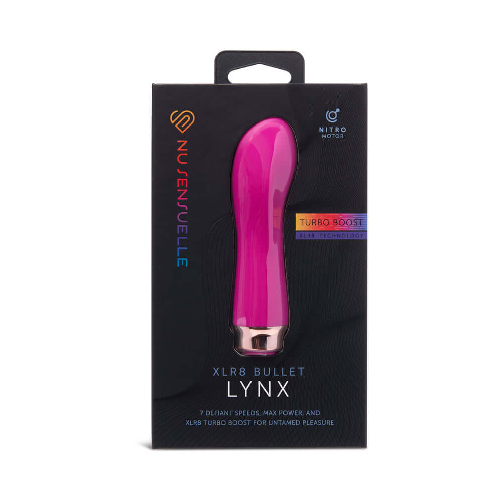 Nu Sensuelle Lynx Bullet with Nitro Motor Magenta packaging featuring sleek design and turbo boost technology.