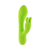 Evolved Brat Bunny Rabbit Vibrator Green in vibrant green color, designed for dual stimulation and textured G-spot head.