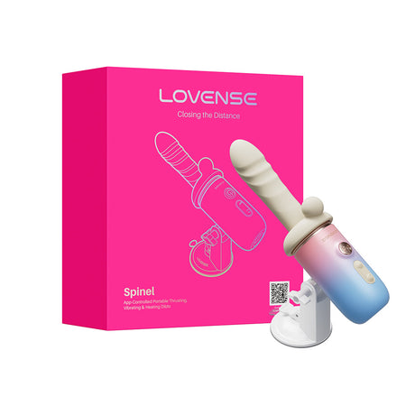 Lovense Spinel Thrusting Vibrating Dildo with packaging showcasing features and design.