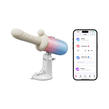 Lovense Spinel Thrusting Vibrating Dildo with remote control app displayed on smartphone.