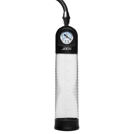 JOCK Pump Up Gauge Penis Pump with Pull Rod displaying vacuum gauge for performance enhancement and training.