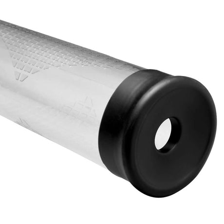 Close-up view of the JOCK Pump Up Gauge Penis Pump with Pull Rod's transparent cylinder and black end cap.