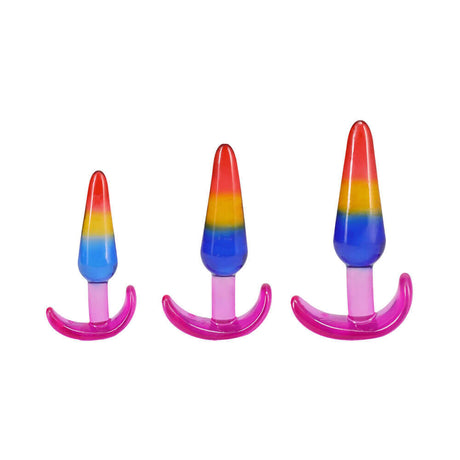 Crystal Jellies Anal Trainer Set S M L Rainbow featuring three tapered plugs in vibrant colors.