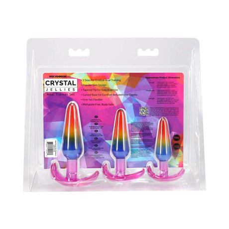 Crystal Jellies Anal Trainer Set S M L Rainbow with three tapered plugs in vibrant colors for anal exploration.